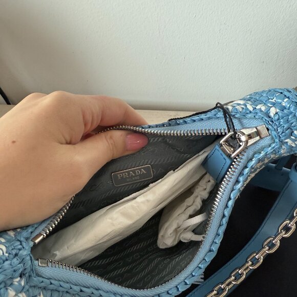 NWT Prada Re-Edition Mini Shoulder Bag Celeste Raffia Gingham Pattern Chain - Picture 9 of 10